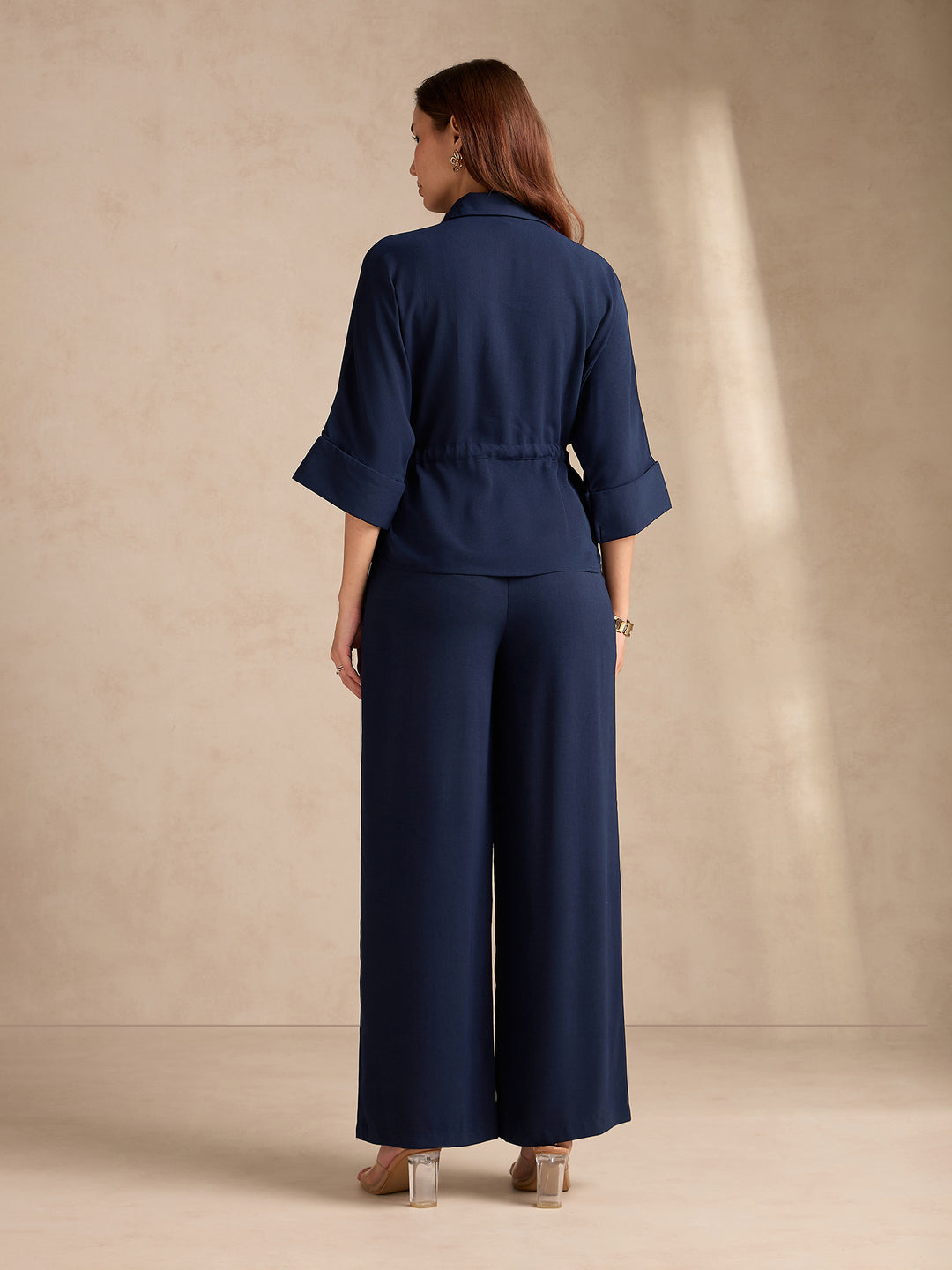 Navy Blue Coord Set With Oversized Utility Shirt With Wide Leg Touser In Elevated Textured Fabric