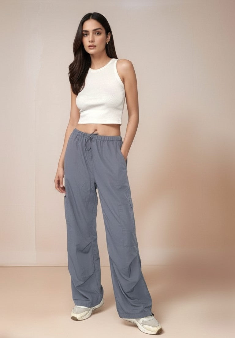 Grey Cargo Pockets Drawstring Wid Leg Trouser