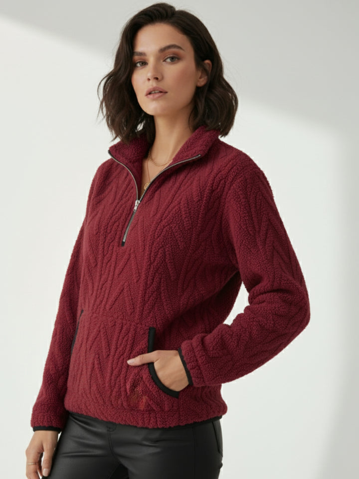 Wine Zip Up Collared Textured Sweater With Pockets