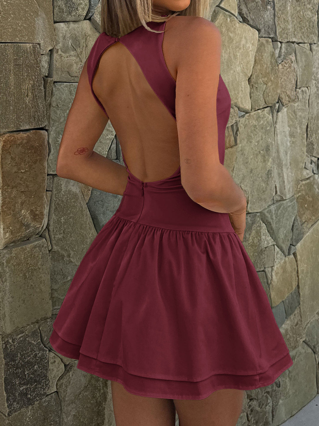 Maroon Back Open Mini Dress