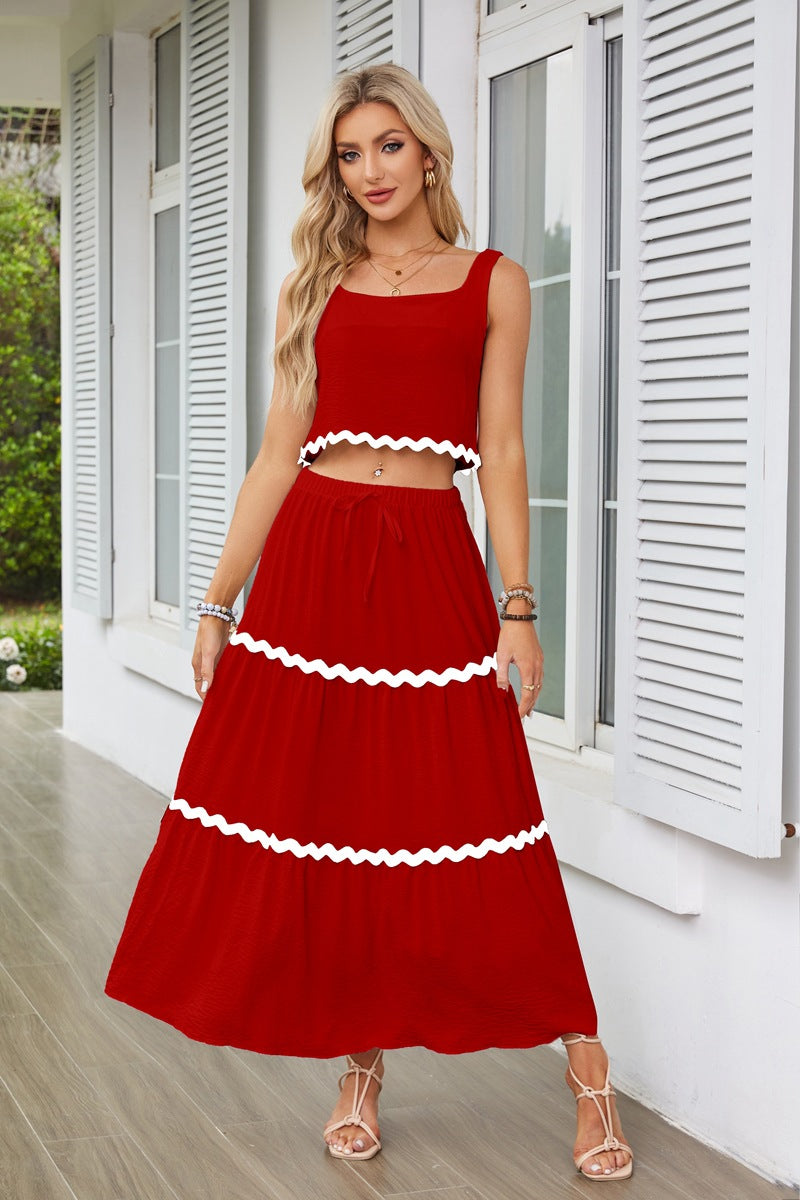 Red Contrast Tipping Top And Skirt Co-Ord Set
