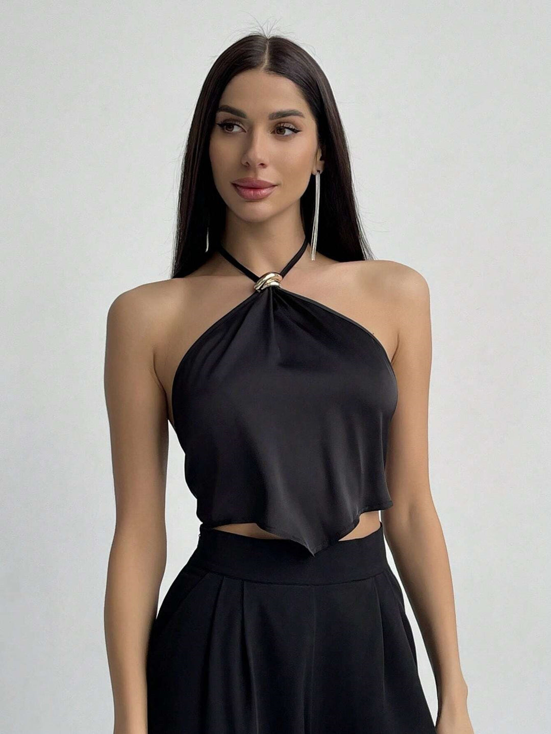 Black Halter Neck Buckle Attached Top