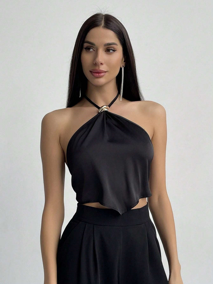 Black Halter Neck Buckle Attached Top