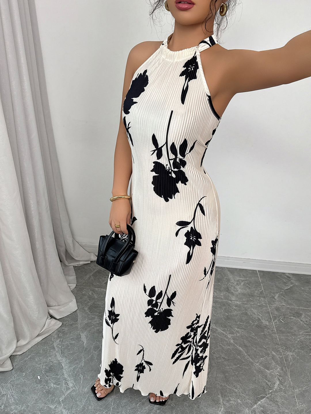 White Printed Halter Neck Maxi Dress