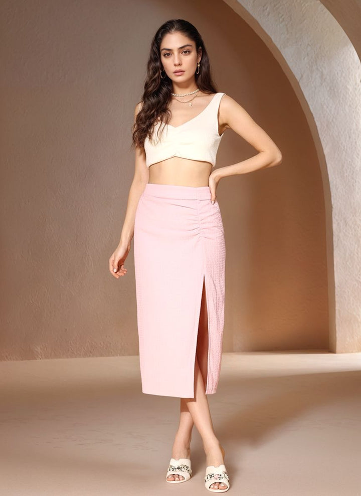Pink High Waist Front Ruched Fitted Skirt