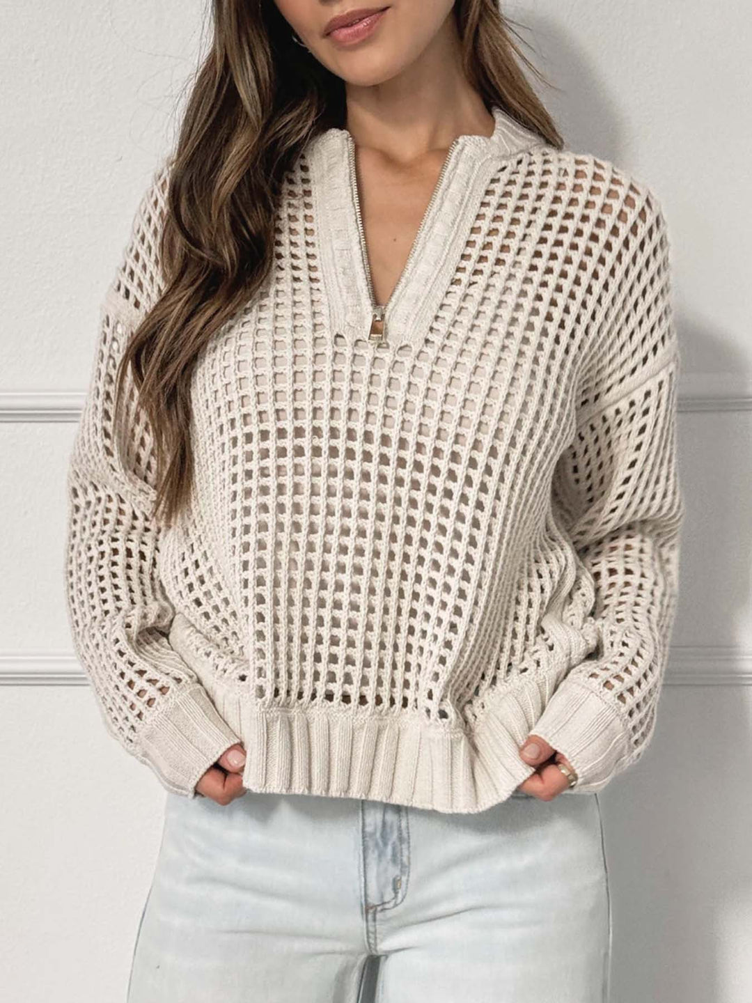 Off White Full Sleeve Textured Sweaters