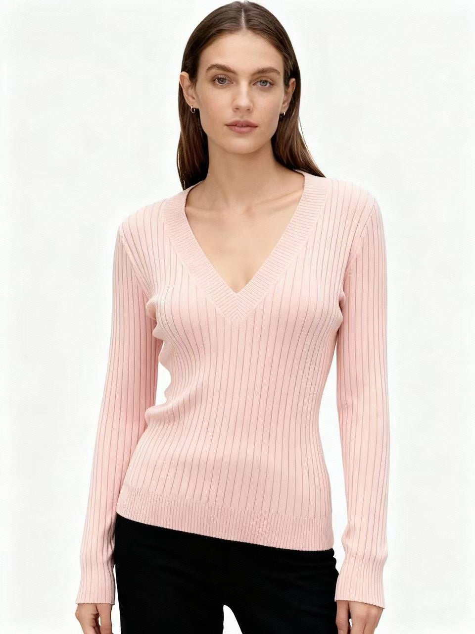 Pink Full Sleeve V Neck Fitted Top