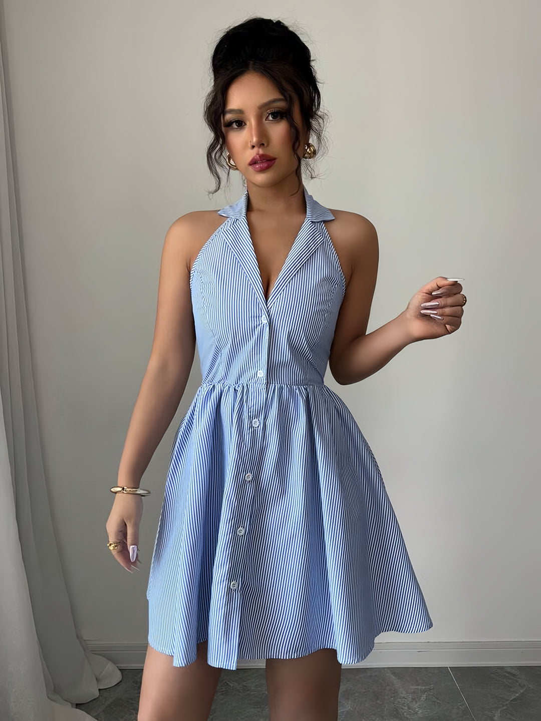 Blue Collared Front Buttoned Dress