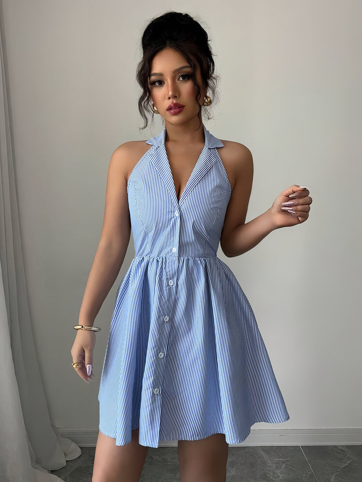 Blue Collared Front Buttoned Dress