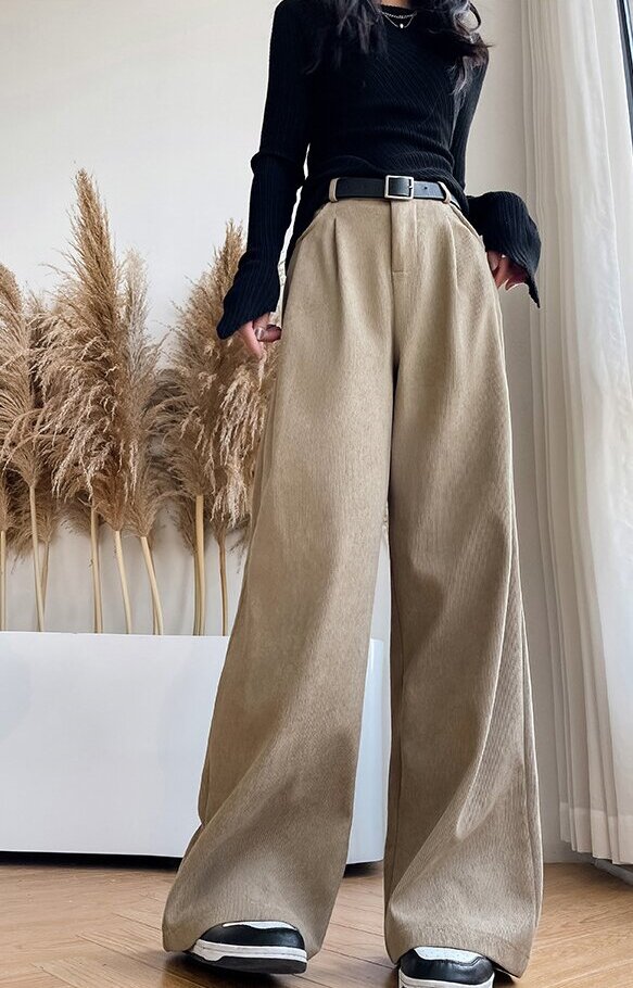 Beige Wide Leg Pleated Pants