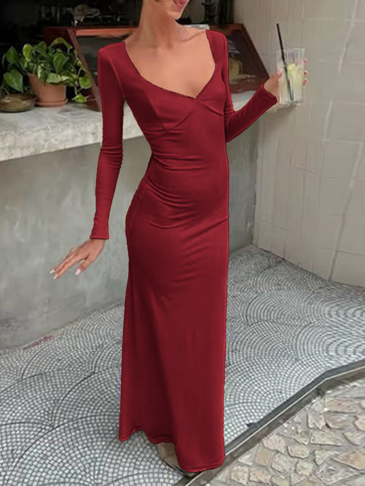 Red Full Sleeve V Neck Elegant Dress