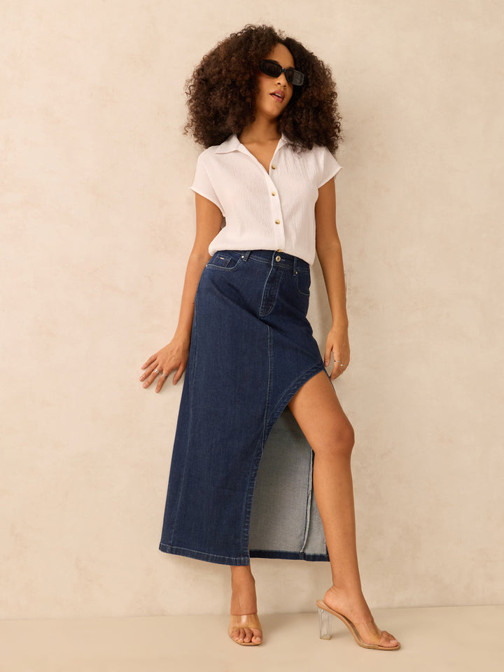White Cropped Boxy Shirt With Waist Elastic