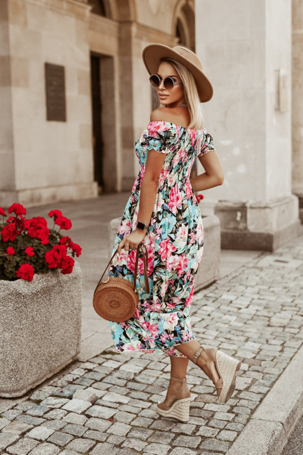 Light Blue Printed Off-Shoulder Dress