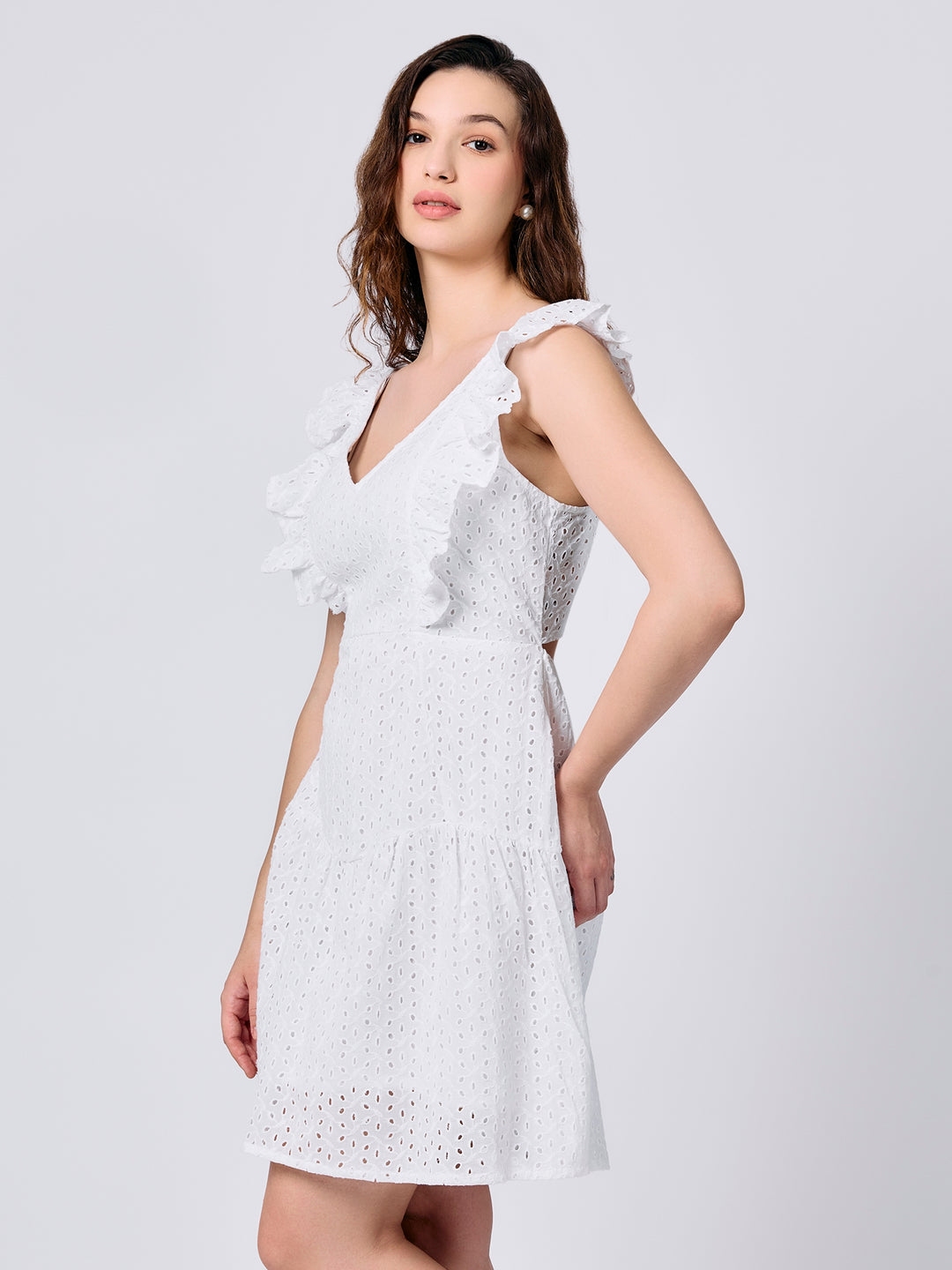 White Ruffle Sleeved Mini Dress