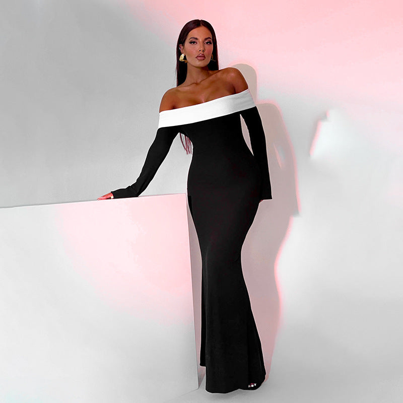 Black Contrast Off Shoulder Full Sleeves Maxi Dress