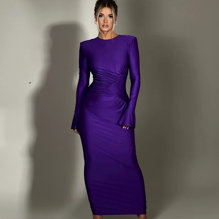 Purple Full Sleeves Waist Detail Dress