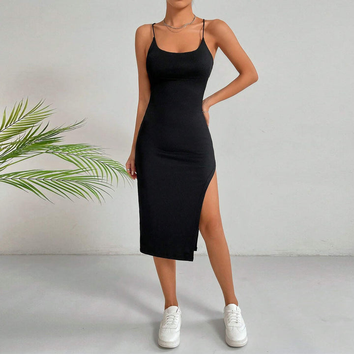 Black Shoulder Strap Side Slit Back Detail Dress