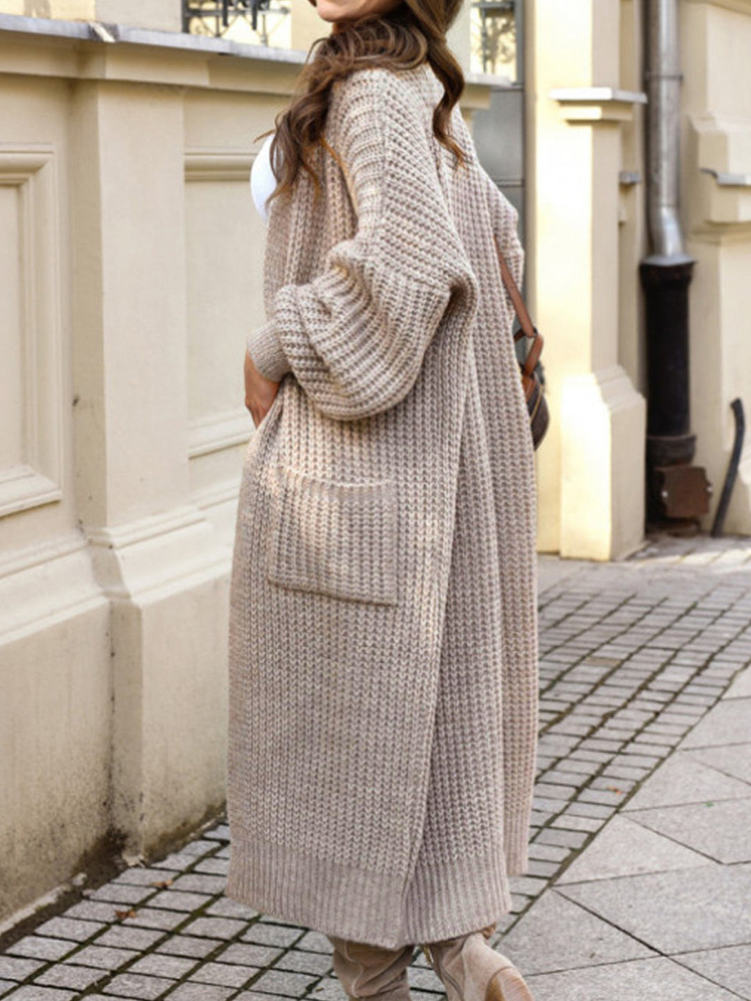 Beige Full Sleeves Solid Long Cardigan