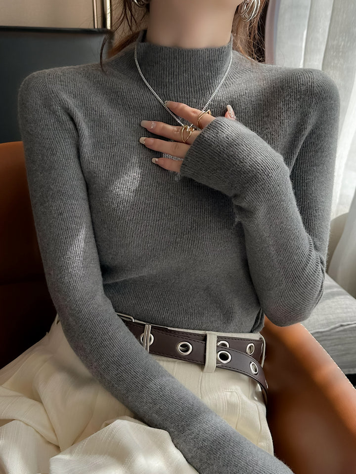 Grey Full Sleeve Mock Neck Fitted Sweater
