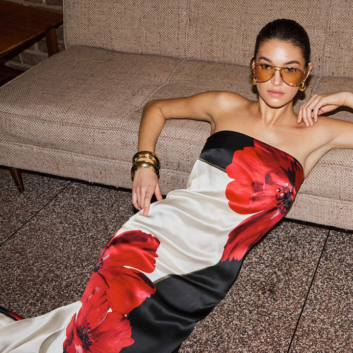 Red Strapless Floral Maxi Dress