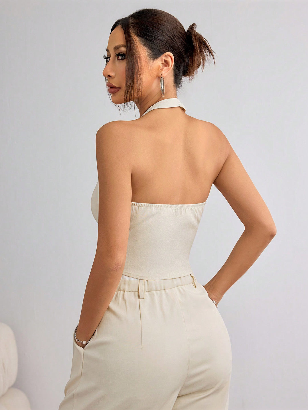 Off White Halter Neck Fitted Vest