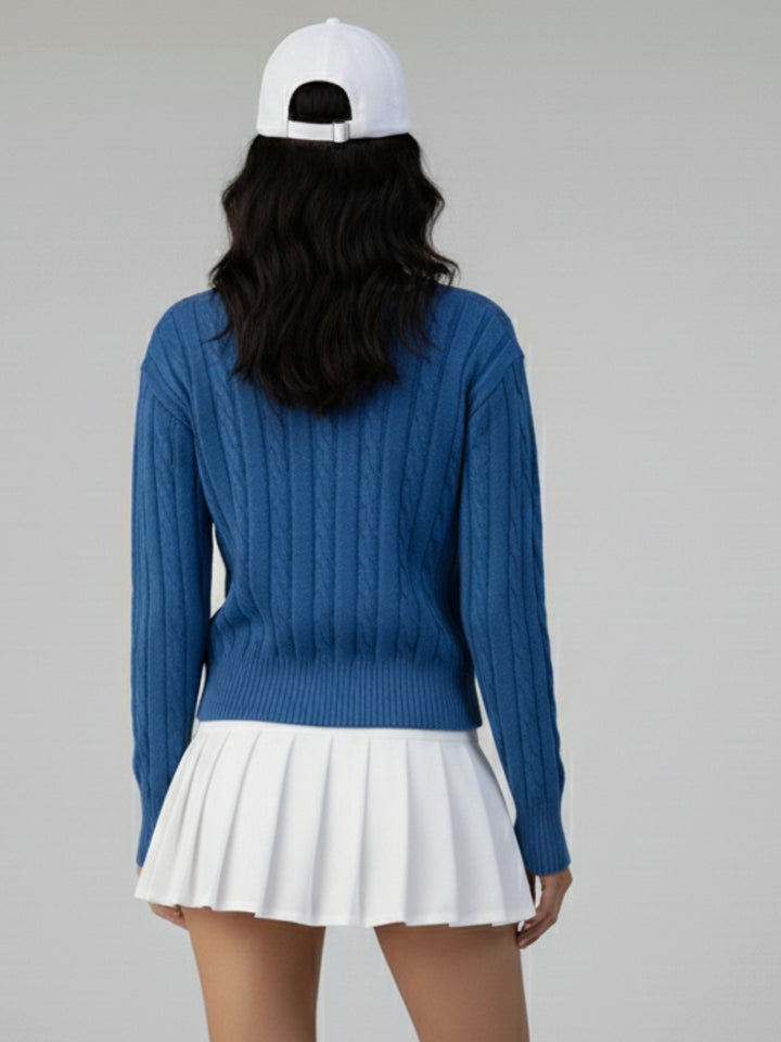 Blue V Neck Cable Structure Sweater