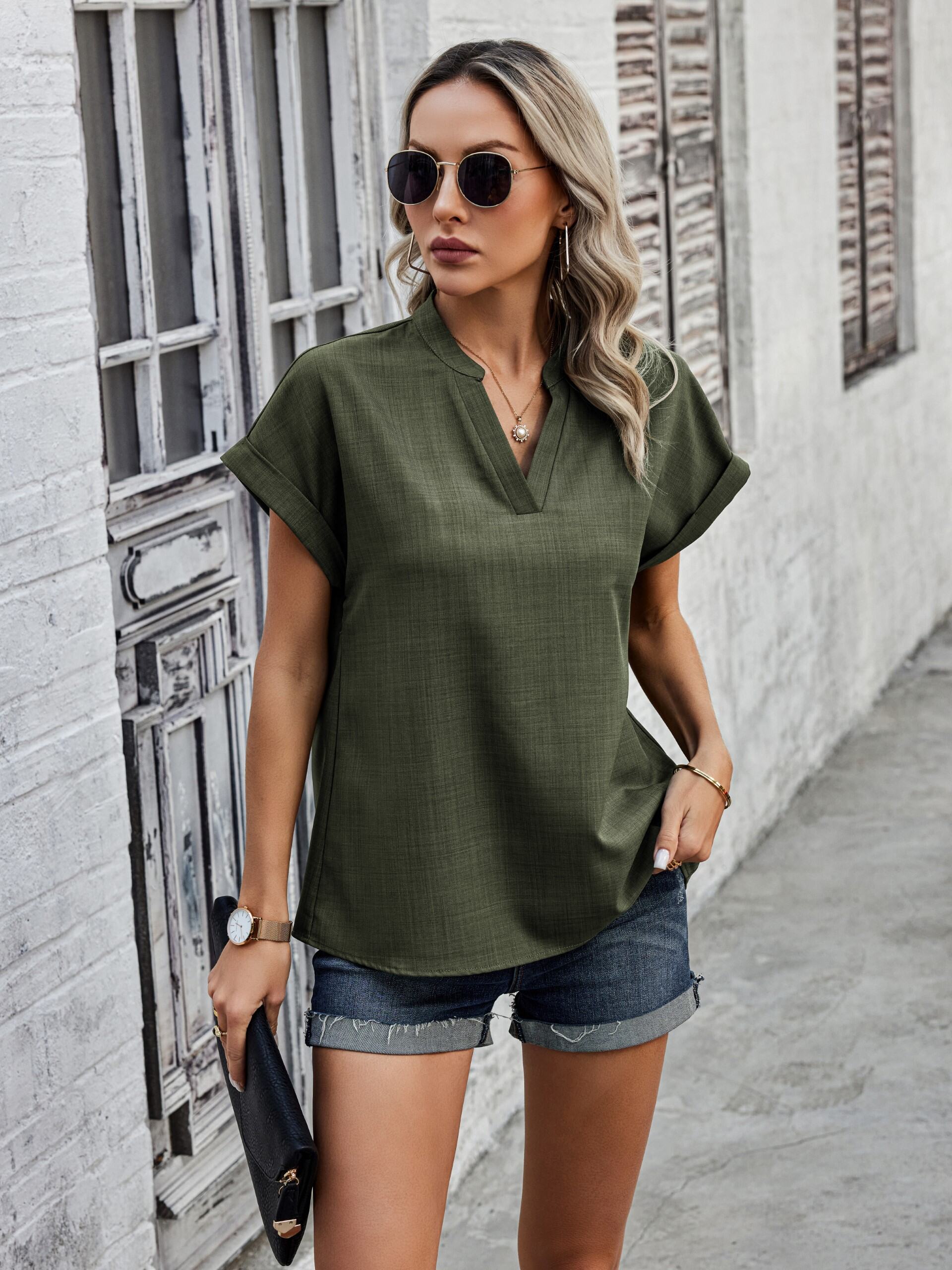 Green V Neck Mandarin Collared Blouse