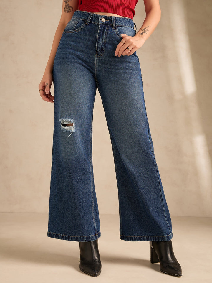 Blue Ribbed Straight Fit Jeans
