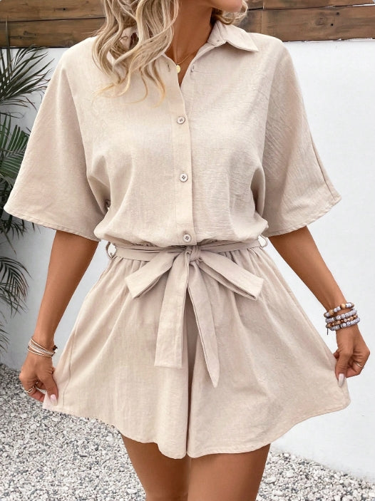 Khaki Co-Ord Set With Shirt And Shorts