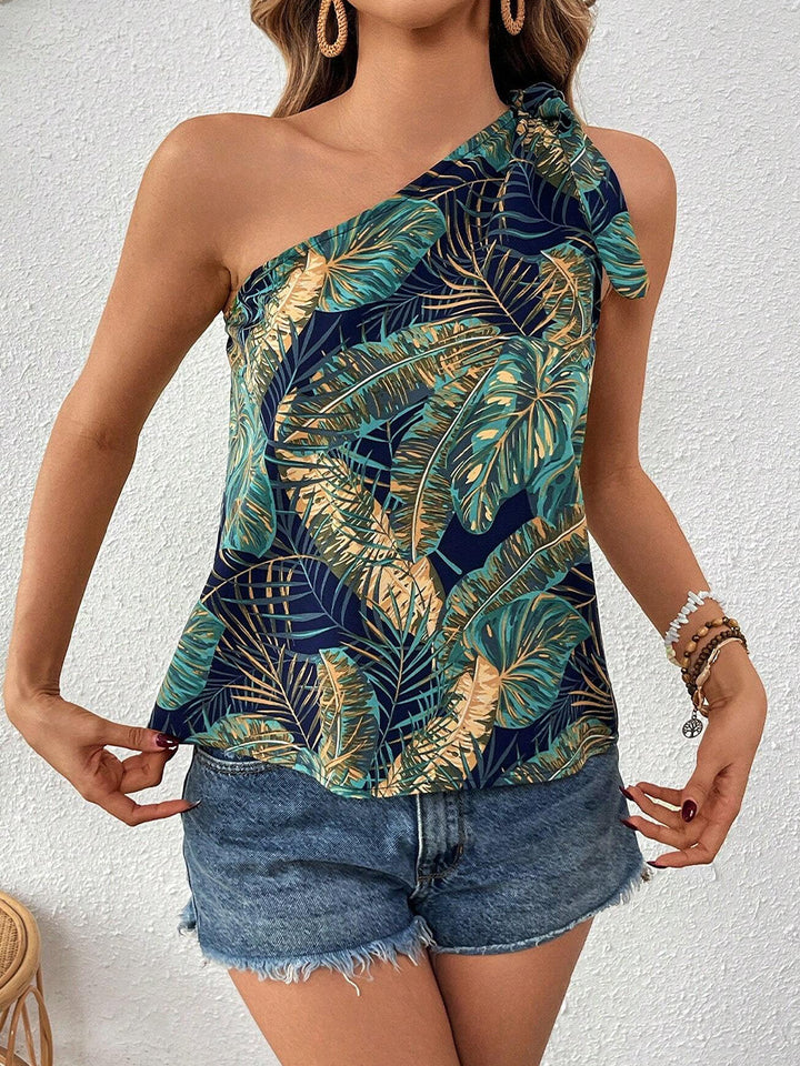 Green One Shoulder Printed Top