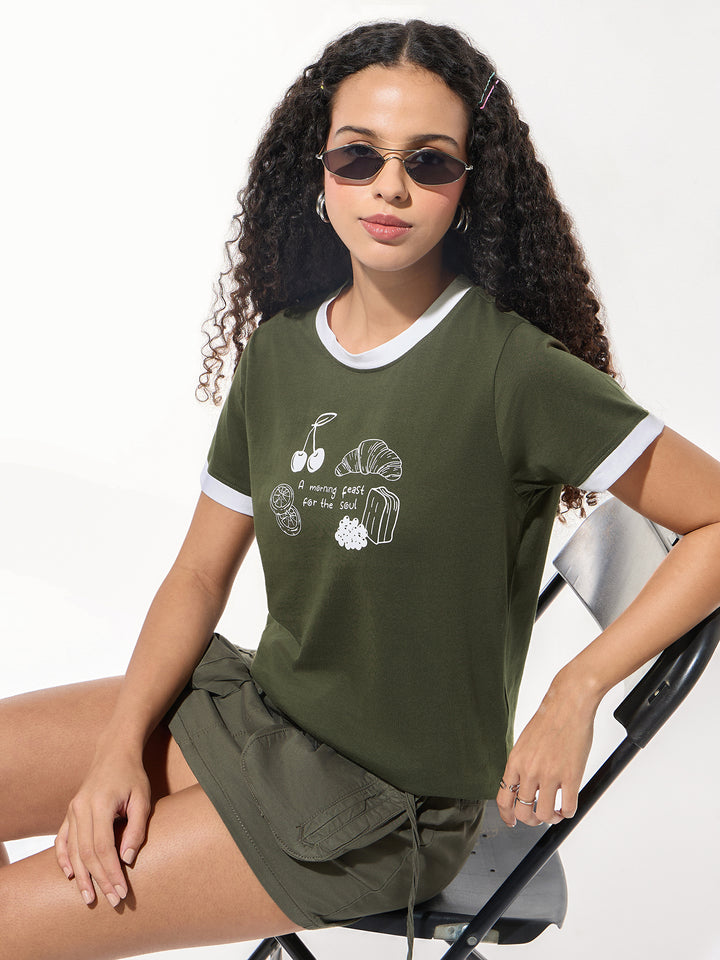 Green Graphic Printed Contrast Hem T-Shirt