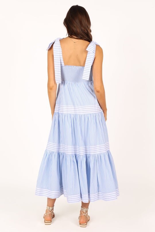 Blue Bow Tie-Up Tiered Dress