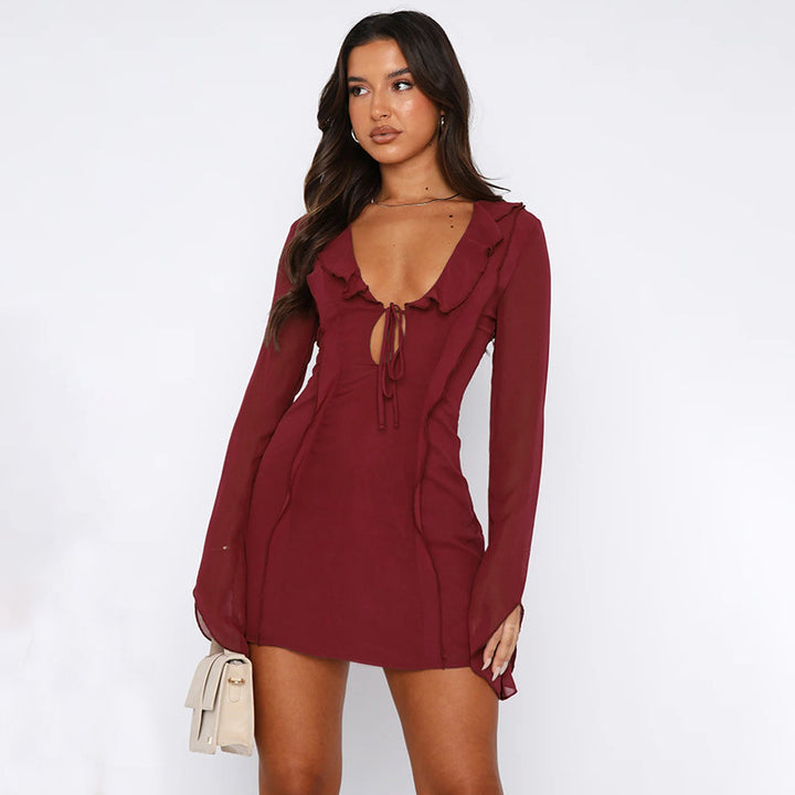 Wine  Ruffle Detailing Mini Dress