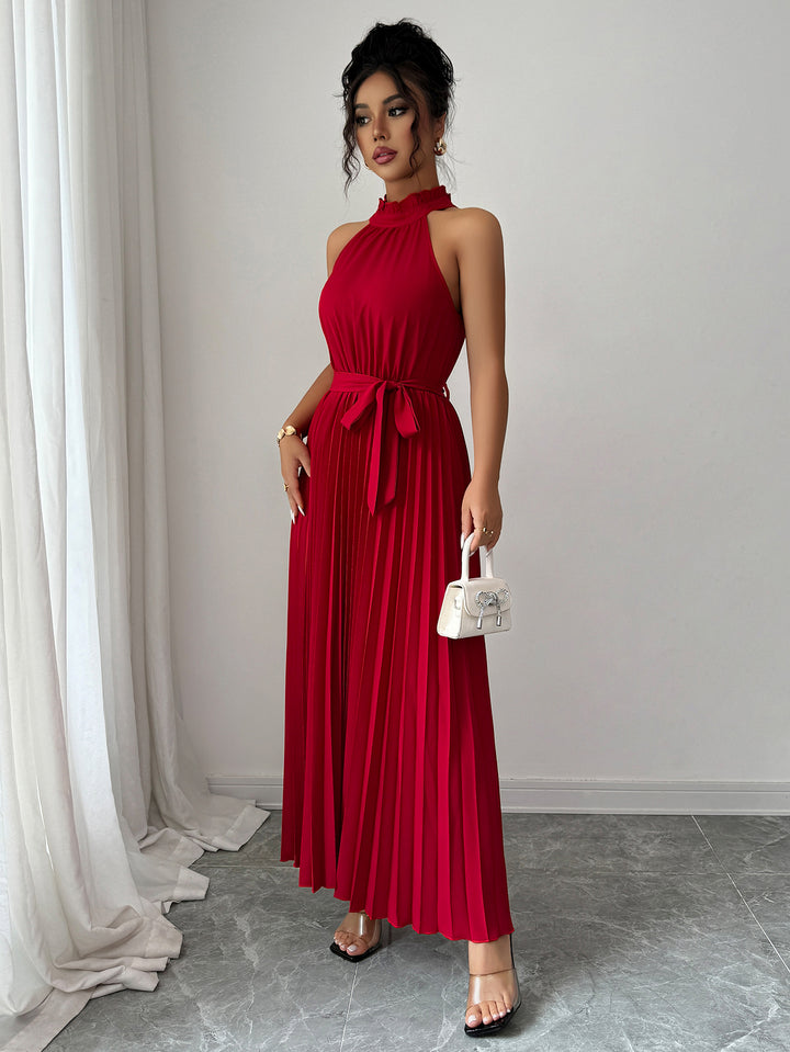 Red Halter Neck Pleated Textured Dress
