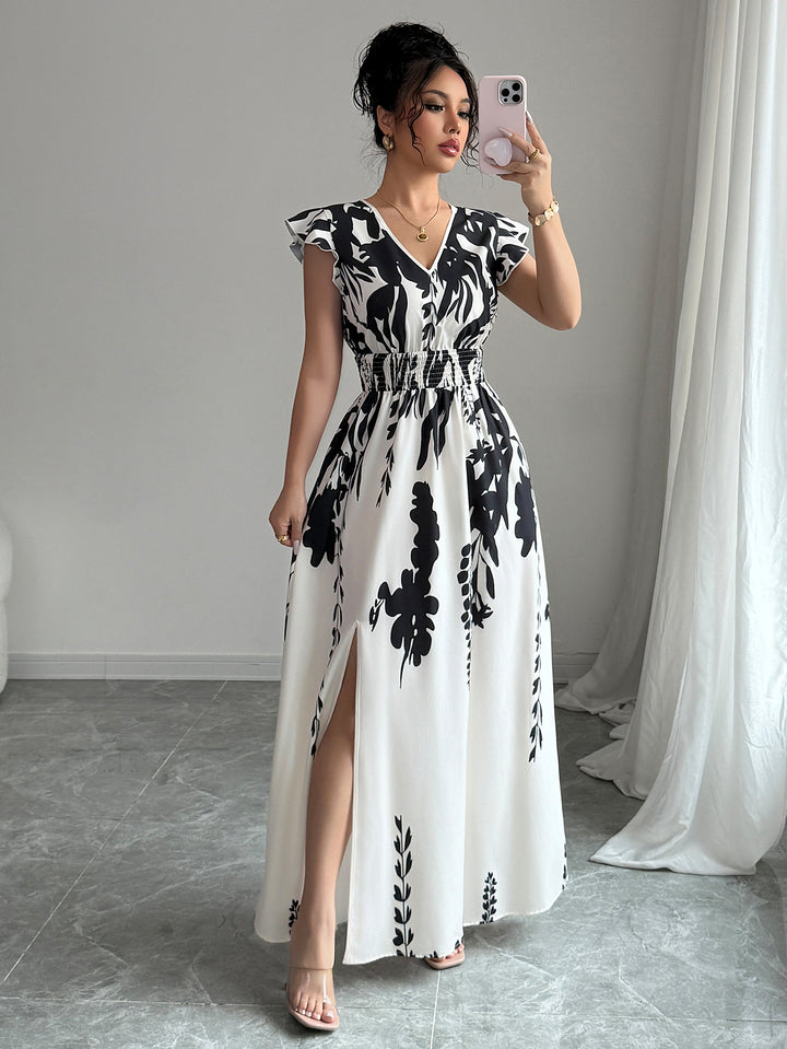 White V-Neck Ruffles Sleeved Maxi Dress