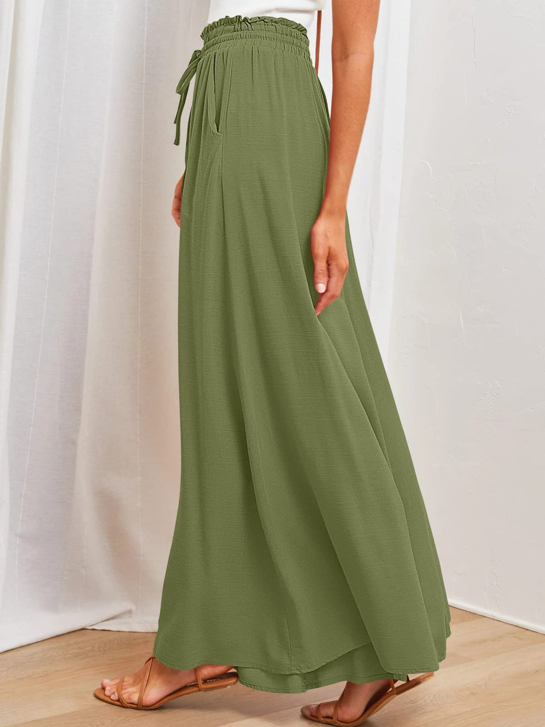 Olive Elasticated Waist Band Wide Leg Trouser