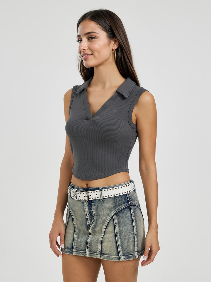 Grey Collar V Neck Crop Top