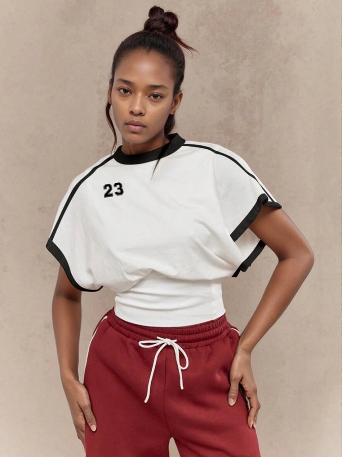 White Waist Fitted Contast Sleeve Hem Top