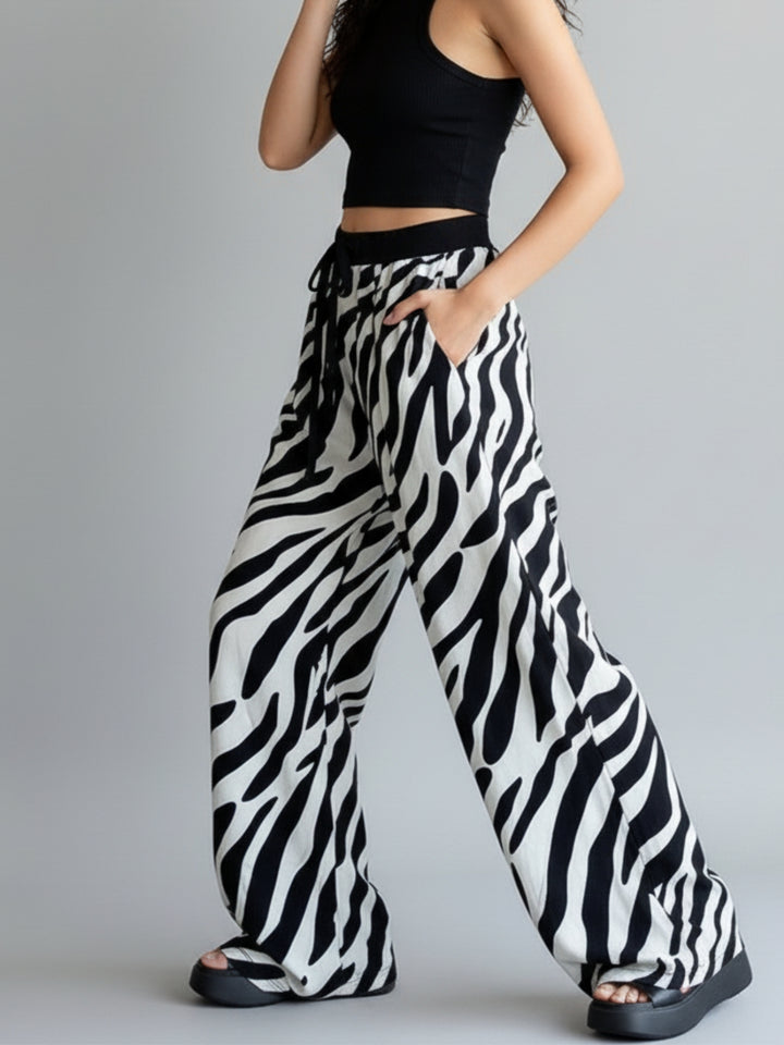Black Wide Leg Animal Print Pants