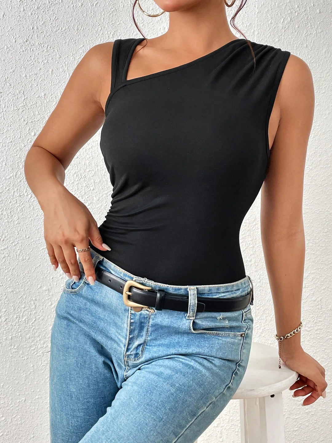 Black One Shoulder Ruched Strap Tank