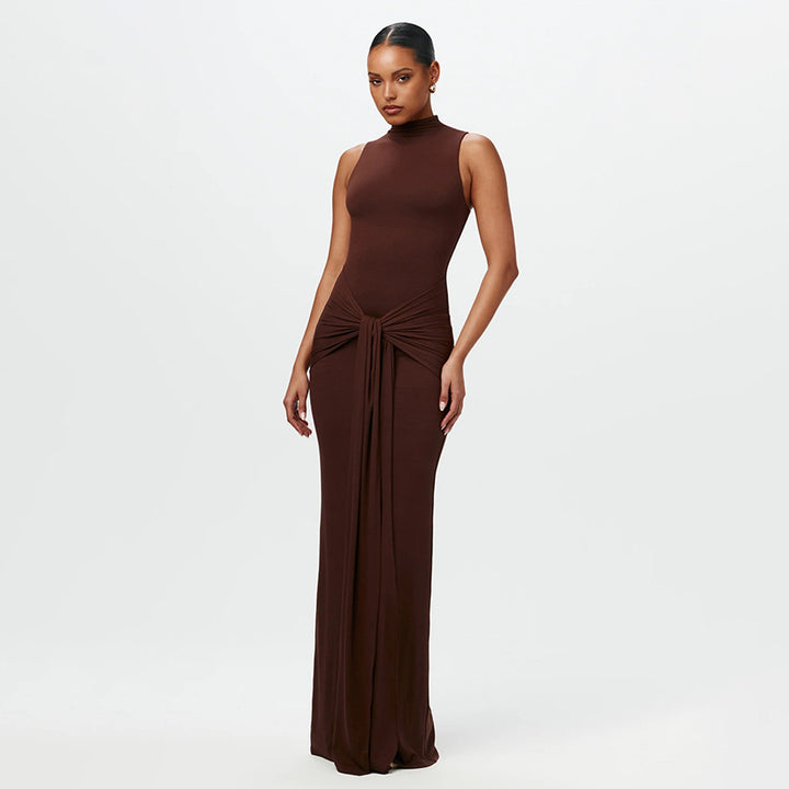 Brown High Neck Sleeveless Dress