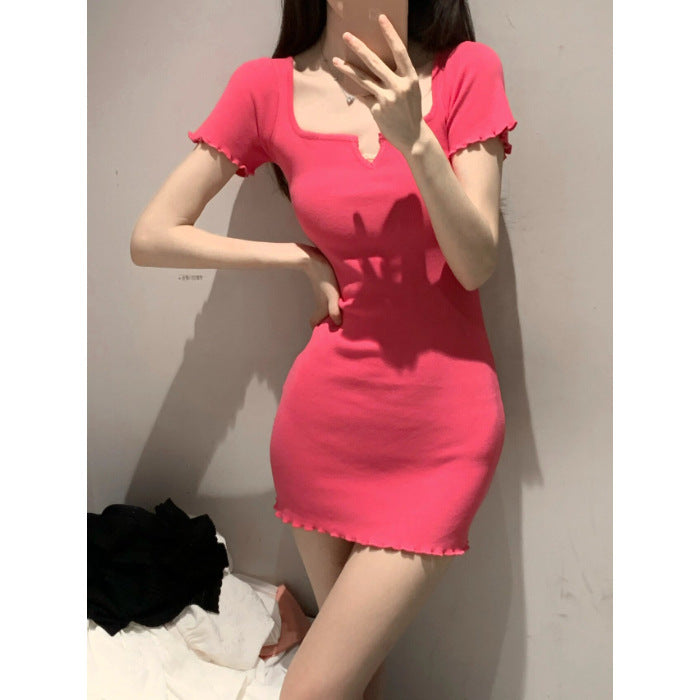 Pink V Cutout Square Neck Fitted Mini Dress