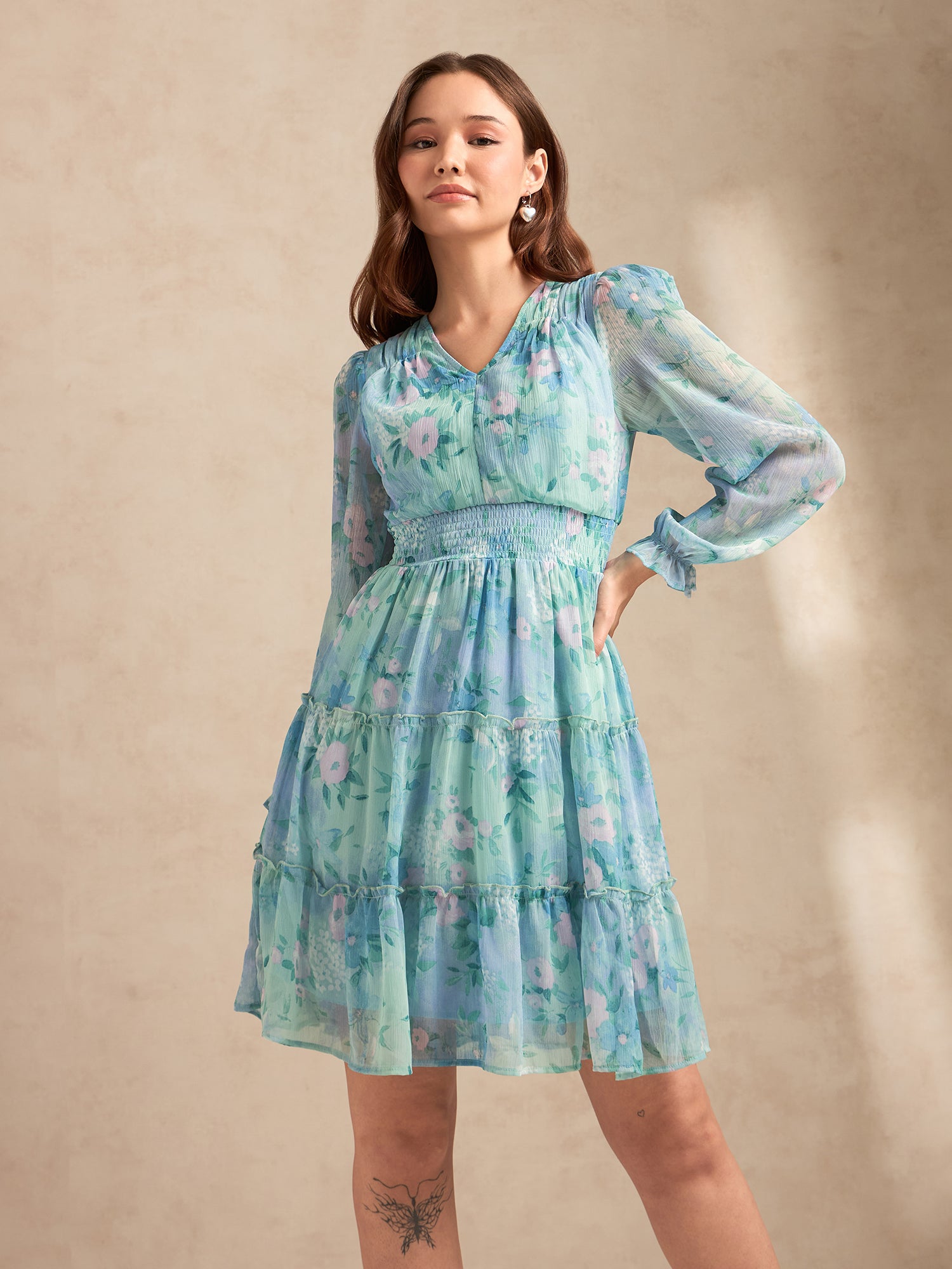 Blue Printed Full Sleeves Waist Smoked Dress