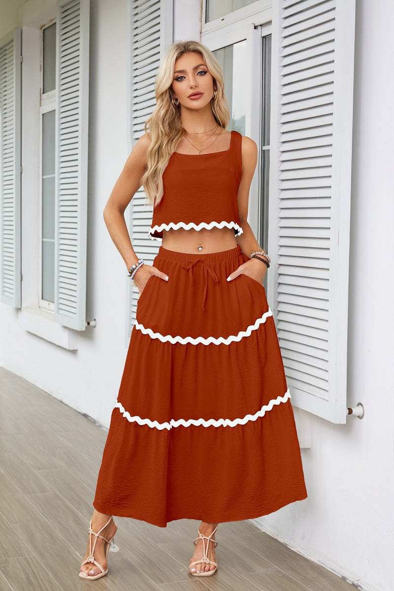 Rust Contrast Tipping Top And Skirt Co-Ord Set