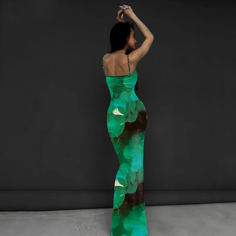 Green Spaghetti Strap Printed Bodycon Dress