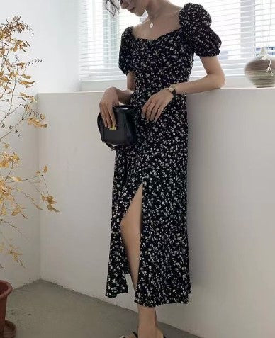 Black Dress With Smocking Slit And Puff Sleeves Detailing