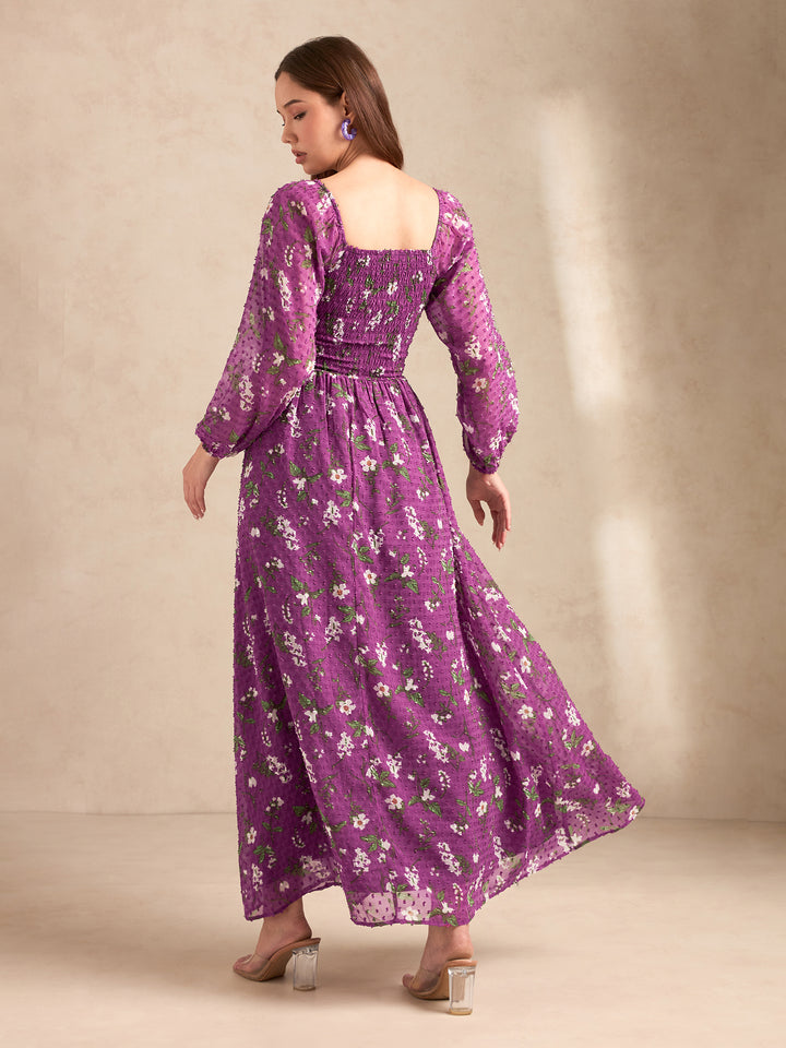 Purple Full Sleeves Printed Maxi Dress