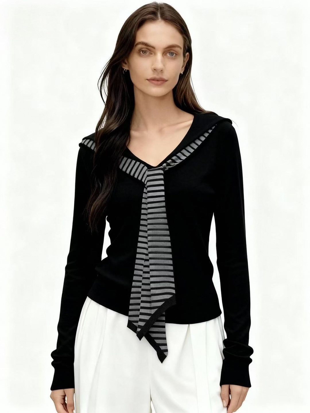 Black Full Sleeve V Neck Tie Up Top