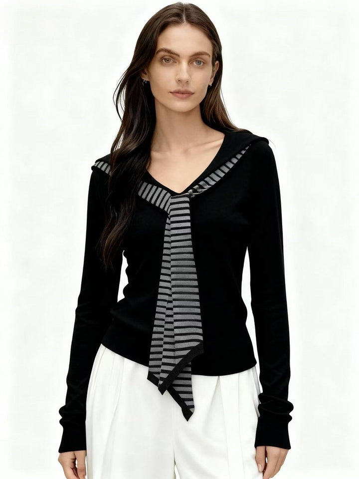 Black Full Sleeve V Neck Tie Up Top