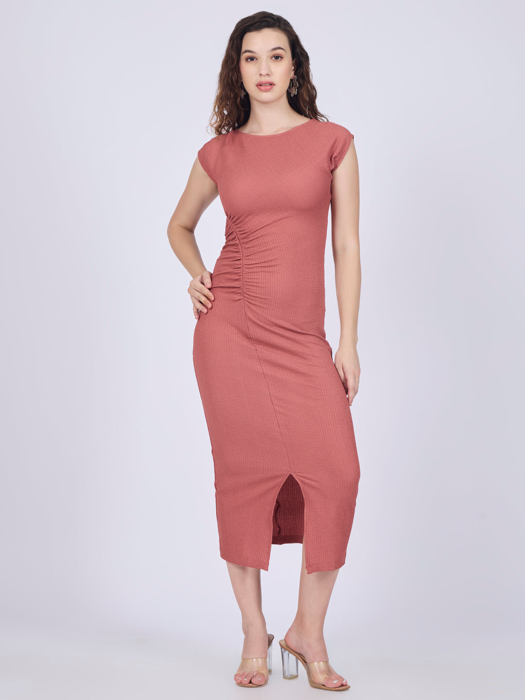 Peach Textured Knit Midi Dress